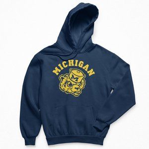 NEW Michigan Wolverines Arch Name Sailor Mascot Fleece Pullover Hoodie NAVY